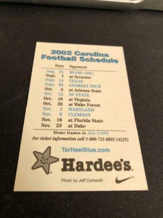 2002 North Carolina Tar Heels College Football Pocket Schedule 88 Sam Aiken 2