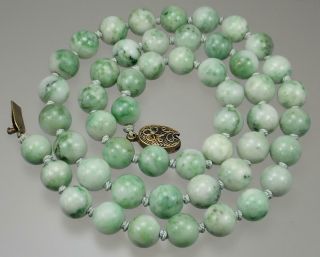 Long Antique Chinese Silver Gilt White Green Jade Jadeite Bead Necklace 1900s