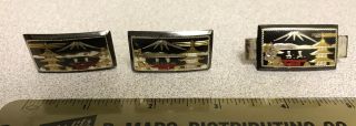 Vintage 950 Sterling Silver Asian Pagoda Temple Cufflinks & Tie Clip