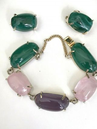 Vintage Swirled Glass Cabochon Bracelet Clip On Earrings Amethyst Pink Green