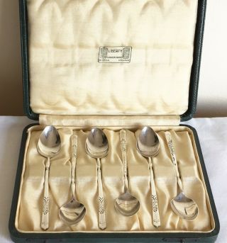 Art Deco Liberty 1930 Birmingham Hallmarked Solid Silver Boxed Set Of 6 Spoons