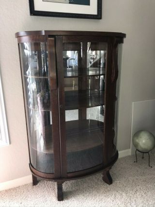 Oak Bow Front China Display Cabinet Mirrored Back Wood Shelves