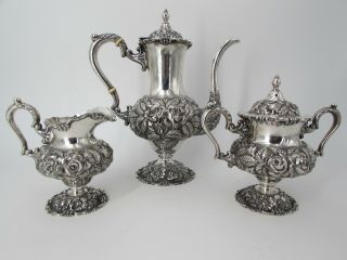 Stieff Rose Sterling Silver Demitasse Coffee Set Hand Chased Repousse 