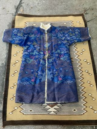 Rare Antique Chinese Winter Blue Dragon Robe Fine Dragons Qing Period