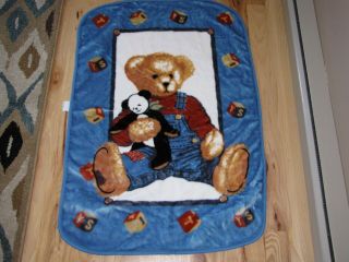 Vtg Blue Jean Teddy Bear Plush Fleece Blanket Panda Blocks Springmaid