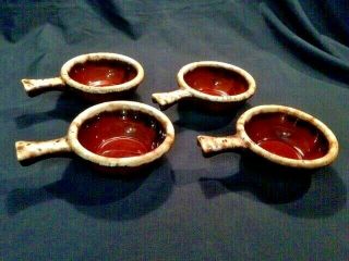 Set Of 4 Vintage Hull Pottery Brown Drip Glaze Chili Soup Bowls With Handle