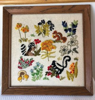 Vintage Crewel Needlepoint Embroidery Framed Wall Art Floral Flower Animal 70 