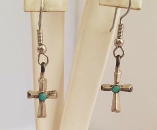 Vintage Sterling Silver And Turquoise Native American Pierced Dangle Earrings