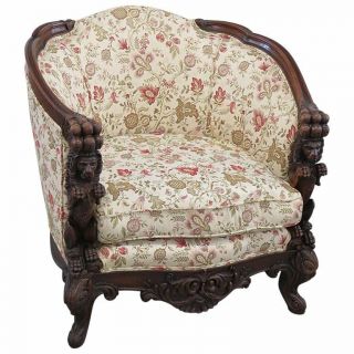 Rare English Standing Lion Carved Walnut Bergere Lounge Parlor Chair