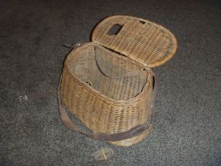 Vintage Wicker Basket Fishing Creel With Leather Strap,  Cabin Decor Collectible