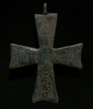 Medieval Bronze Religious Cross Pendant With Four Saints 1200 - 1300 Ad