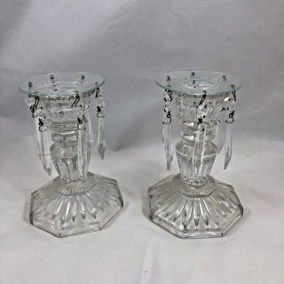 Vintage Crystal Clear Glass Art Deco Candle Holders With 6 Chandelier Prisms