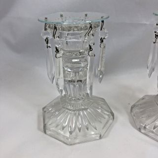 Vintage Crystal Clear Glass Art Deco Candle Holders with 6 Chandelier Prisms 2