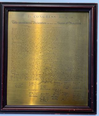 Vintage Usa Declaration Of Independence Engraved Brass - Wood Frame