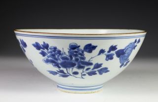 Antique Chinese Blue And White Porcelain Bowl With Flowers - 17/18th Century