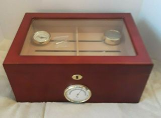 Large Cherry Hardwood Locking Humidor Cigar Chest With Hygrometer & Humidifier