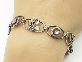 925 Sterling Silver - Vintage Pink Topaz Floral Linked Chain Bracelet - B1382
