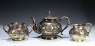 Antique Chinese Silver Tea Set With Dragons By Kwong Man Shing