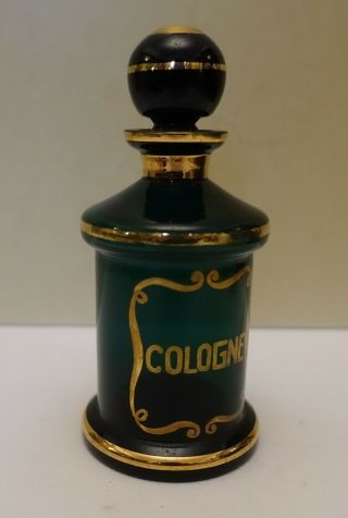Opx63 Vintage Antique Dark Green Glass Cologne Bottle,  Black Stopper