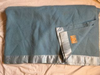 Vintage All Wool Witney 100 Wool Blue Blanket Satin Edge 90x70 "