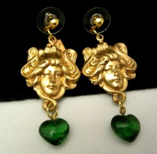 Vintage Signed Jb Goldtone 2 " Art Nouveau Green Glass Dangle Pierce Earring A39