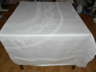 Millmark Signed 106x71 Vtg Antique White Irish Linen Double Damask Tablecloth