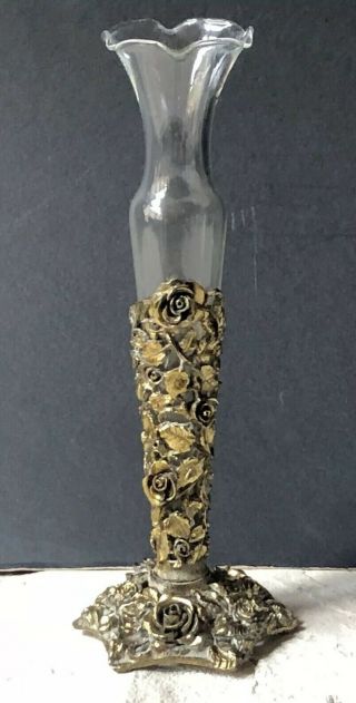 Vintage Matson Roses Gold Gilt Hollywood Regency Filigree Bud Vase Glass Antique