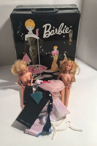 Vintage 1962 Black Vinyl Barbie Doll Case Ponytail With 2 1966 Doll And