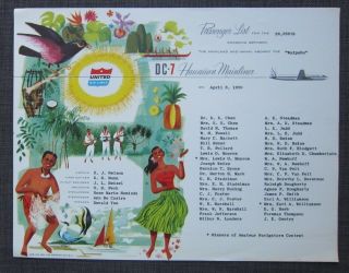 1959 United Airlines Dc - 7 Hawaiian Mainliner Passenger List Winners Of Navigator