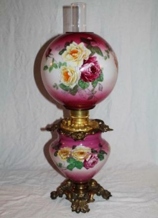 100 Gwtw Gone With The Wind Banquet Kerosene Oil Lamp W/ Roses