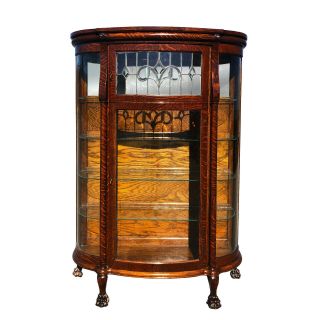 Antique Victorian Quartersawn Oak Leaded Curved Glass China Curio Cabinet