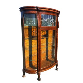 Antique Victorian Quartersawn Oak Leaded Curved Glass China Curio Cabinet 2