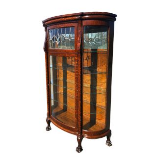 Antique Victorian Quartersawn Oak Leaded Curved Glass China Curio Cabinet 3
