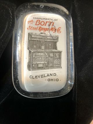 Vtg Glass Advertising Paperweight The Born Steel Range Mfg Co Cleveland