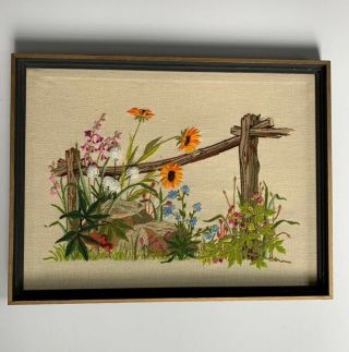 Vintage Completed Finished Crewel Embroidery Framed Meadow Wild Flowers Fence