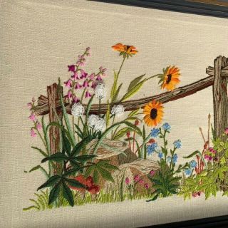 Vintage Completed Finished Crewel Embroidery Framed Meadow Wild Flowers Fence 2