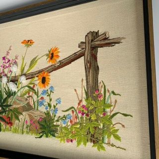 Vintage Completed Finished Crewel Embroidery Framed Meadow Wild Flowers Fence 3