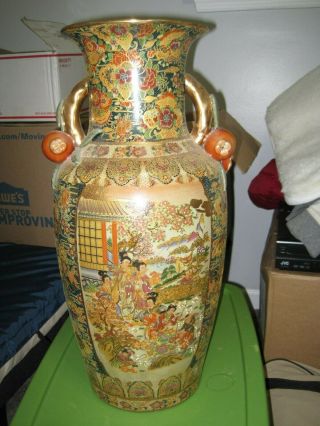 Royal Satsuma Vase Large 24 " Tall Hand Painted Oriental Scene Floor Vase