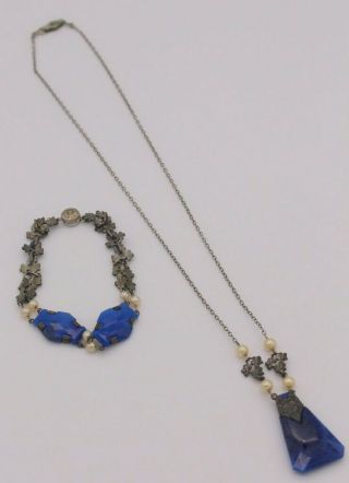 Vintage Necklace And Bracelet Set Blue Early 1900s