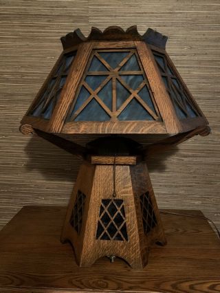 Stunning Lg Antique Hand Crafted Quarter Sawn Mission Period Stained Glass Lamp