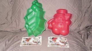 Vintage Jello Molds Set Of 2 Merry Traditions Snowman Holly 1987 Recipe Book