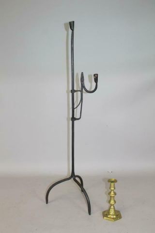 Rare 17th C Floor Standing Wrought Iron Adjustable Rush Light In Old Black Paint