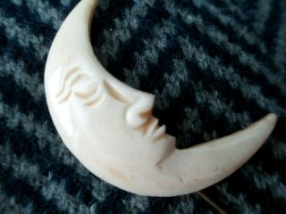 Vtg Estate Art Deco Bone Crescent Man In The Moon Pin Brooch