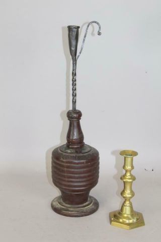 A Rare 18th C Wrought Iron & Turned Wood Base Spike Candle Holder Great Handle