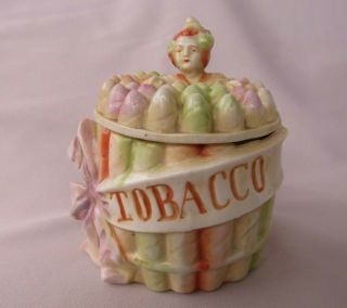 Antique Porcelain Tobacco Jar Cigars & Lady Unusual Design