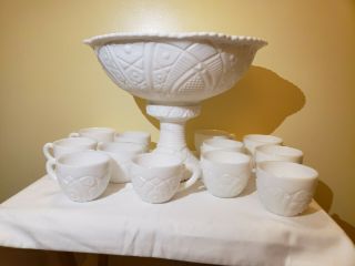 Vintage Early American Milk Glass Punch Bowl And 12 Cups From The Concord