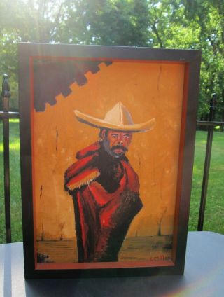 Mcm Framed Signed Oil Painting On Hard Board Mexican Man In Sombrero E Miller
