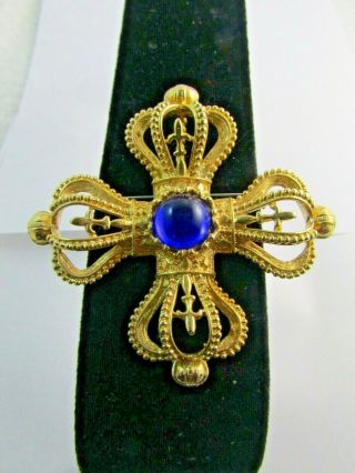 Vintage Park Lane Blue Cabochon Gold Tone Maltese Cross Pendant Pin Brooch 3.  5 "