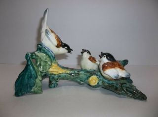 Vintage Stangel Pottery Birds On Branch Chickadee Mother Feeding Babies