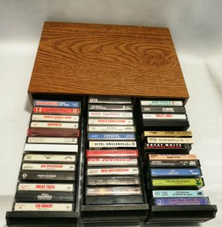 Vintage Wood Grain Audio Cassette Tape Cabinet Storage Holder Case W/42 Cassette